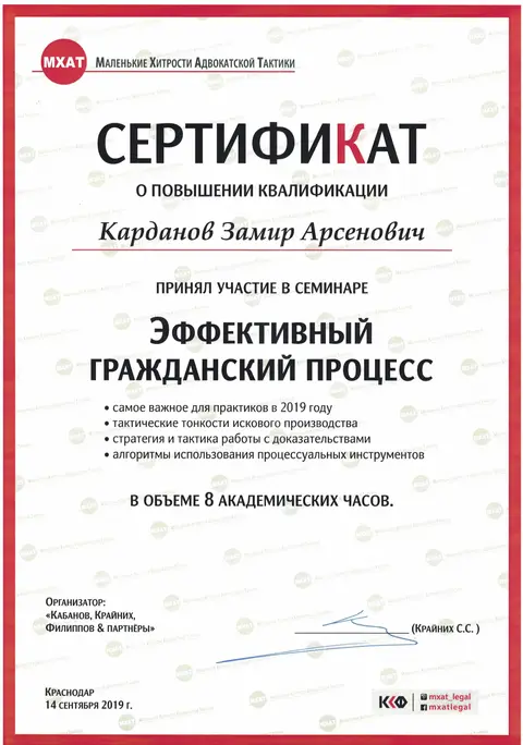 Сертификат «Эффективный гражданский процесс», 2019